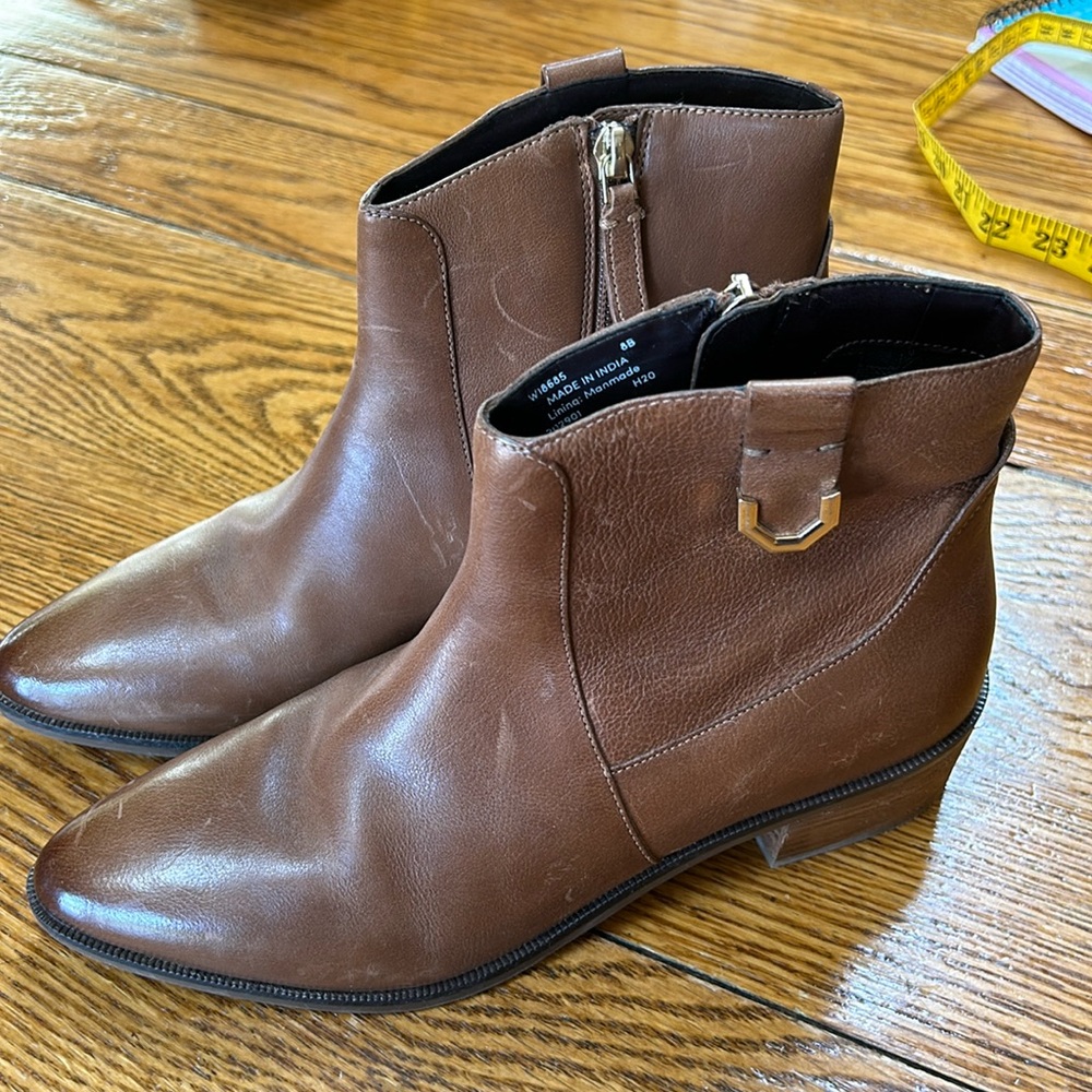 Cole Haan Macie style brown bootie. Leather uppers. Side zip. Almond toe. Size 8